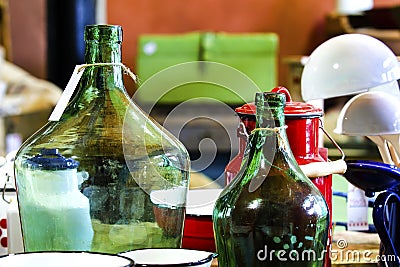 Ancient object of bottles and Vitreous enamel cass Stock Photo