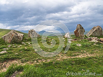 Ancient Observatory of Zorats Karer, Karahunj, Famous Armenian Stonhenge in Sisian, Armenia 6 Stock Photo