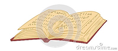 Ancient open book in hardcover with old pages. Antique thick textbook or notebook with notes. Hand-drawn colored vector Vector Illustration
