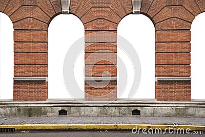 Ancient orange brick wall and interior vintage arch windows frame white white blank background in window display shop outside and Stock Photo