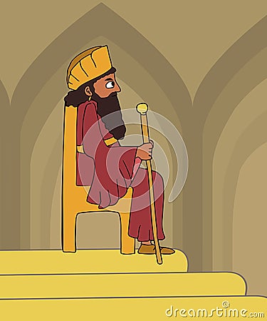 Ancient oriental king on the throne cartoon Vector Illustration
