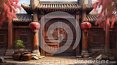 Ancient oriental street with a gate and wooden door. Stock Photo