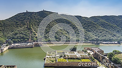 The ancient ornamental garden of Dalarama on Lake Maota is visible from the Amber Fort. Stock Photo