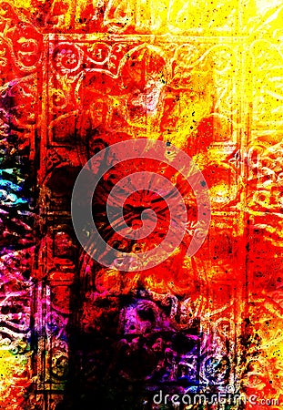 Ancient ornamental structure with filigrane pattern on abstract background. Fire effect. Stock Photo
