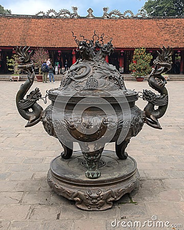 Ancient ornate bronze cauldron in the fourth courtyard of the Temple of Literature, Hanoi, Vietnam Editorial Stock Photo