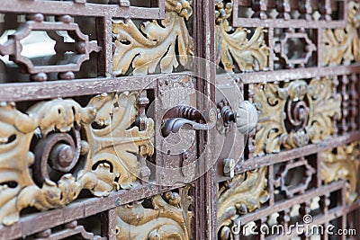 Ancient ornate metal grille on the front door of old building. April, 2013. Vienna, Austria Stock Photo