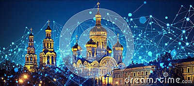 Ancient Orthodox Architecture Illuminated, Blending History and Technology with a Network Visual Stock Photo