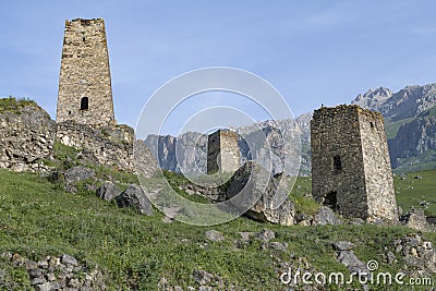 Ancient Ossetian defensive towers in the mountains of North Ossetia. Tsmiti, North Ossetia-Alania Stock Photo