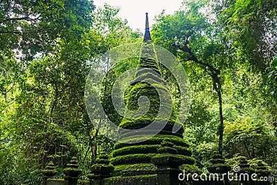 Ancient pagoda with moss plant at Phlio waterfall park, Chanthaburi Stock Photo