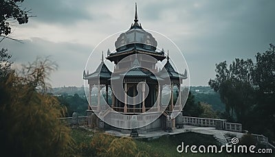 Ancient pagoda roof rises above misty forest, a spiritual journey generated by AI Stock Photo