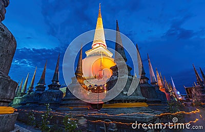 Ancient Pagoda in Wat Mahathat temple, night scene Stock Photo