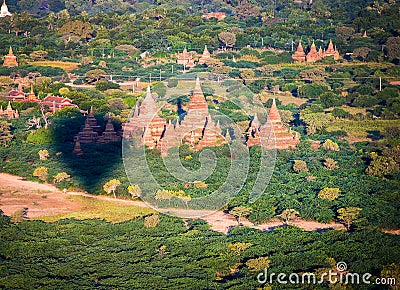 Ancient pagodas in Bagan with altitude balloon Stock Photo