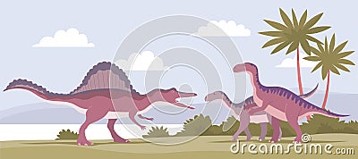 Ancient pangolin Iguanodon vs spinosaurus of the Jurassic period Vector Illustration