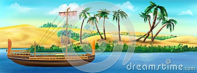 Ancient papyrus boat on the banks of the Nile river in Egypt Cartoon Illustration