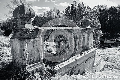 Ancient parapet and staircase concept photo. Castle ruins terrace view. Ruined ancient palace in Ukraine. Stock Photo