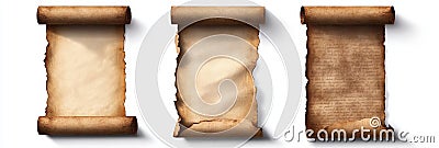 Ancient Parchment Scrolls Blank and Written Isolated on White Background Three parchment scrolls one blank one with subtle Stock Photo