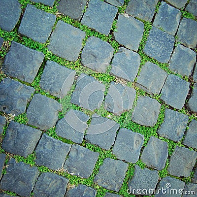 Ancient pavement in Rome vintageeffect. Stone roadway with grass growing through. Stock Photo