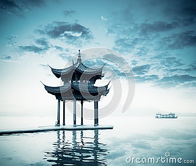 Ancient pavilion on the west lake Stock Photo