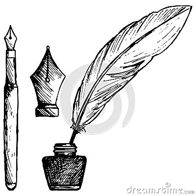 Ancient pen, inkwell and old ink pen Vector Illustration