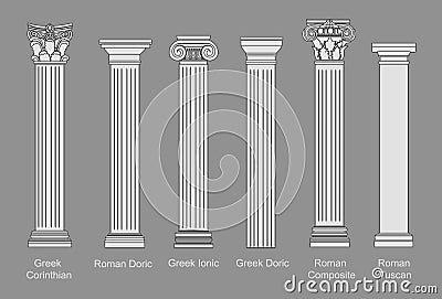 Ancient pillars set isolated on white background. Different architecture pillars with stone effect. Classical columns vector set Vector Illustration