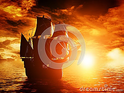 Ancient pirate ship sailing on the ocean at sunset Stock Photo