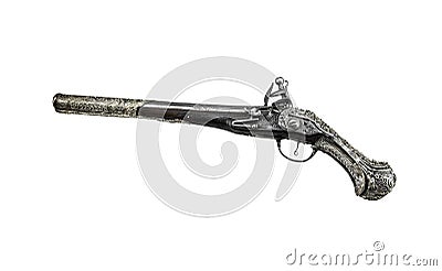 Ancient pistol or musket on a white background. Stock Photo