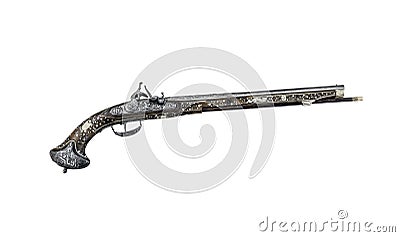 Ancient pistol or musket on a white background. Stock Photo