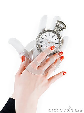 Ancient pocket watch in woman hands Stock Photo
