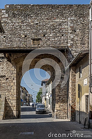 The ancient Porta Santa Trinita in the historic center of Prato, Italy Stock Photo