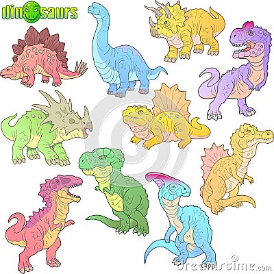 Ancient prehistoric dinosaurs, set of images, funny illustrations Vector Illustration