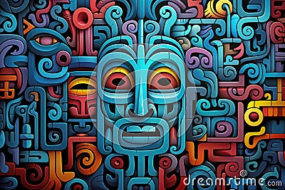 Ancient Psychedelia Mesoamerican Colorful Ritual Pattern extreme closeup. Generative AI Stock Photo