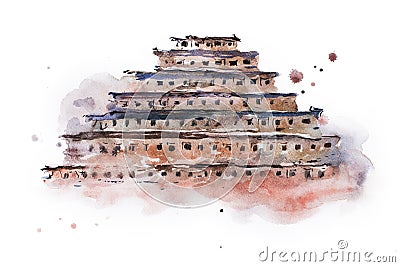 Ancient pyramid of niches watercolor painting. Mexico Stock Photo