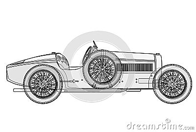 Ancient race car Bugatti in contour lines as per schedule. Vector Illustration