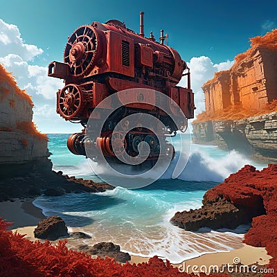 An ancient red mechanical engine runs aground on the digital art Cartoon Illustration