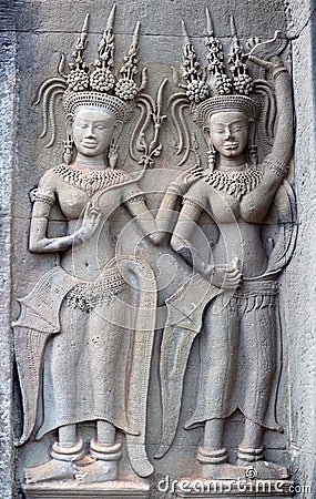 Ancient reliefs at Angkor Wat Temple, Cambodia Stock Photo