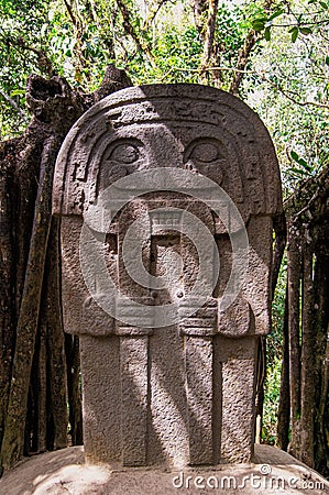 Ancient religious monument and megalithic pre-columbian sculpture in San Agustí­­n Archaeological Park Stock Photo