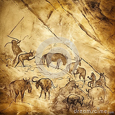 Ancient rock painting scene of mammoth hunting by cavemen, Stock Photo