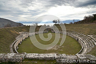 Ancient Roman Amphitheater at Alba Fucens, Italy. Stock Photo