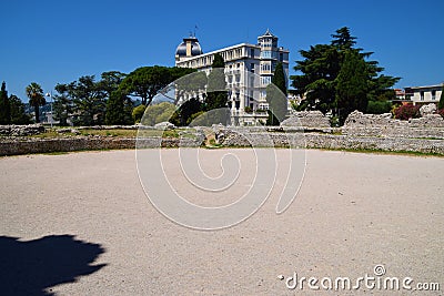 Ancient Roman amphitheatre ruins at Cimiez, Nice, France Editorial Stock Photo