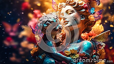 ancient roman antique statue of mother and child, covered with flowers and butterflies, woman with baby, romantic, bokeh Stock Photo