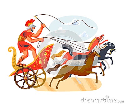 Ancient Roman empire man riding in cart with horses. Rome history and culture vector illustration. Young guy standing Vector Illustration