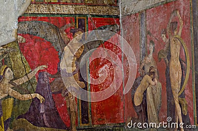 Ancient Roman fresco in Pompeii showing a detail of the mystery cult of Dionysus Editorial Stock Photo