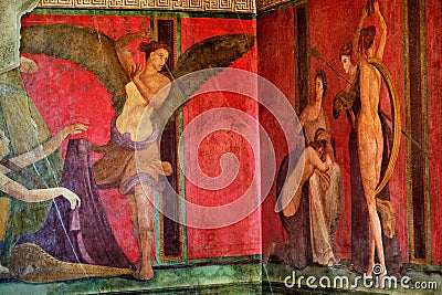 Ancient Roman fresco in Pompeii showing a detail of the mystery cult of Dionysus Stock Photo