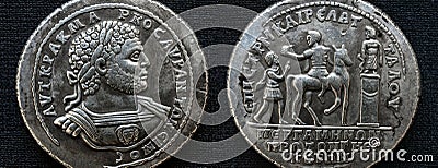 Ancient Roman medallion of Emperor Caracalla minted in Pergamum, macro view Stock Photo