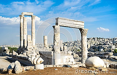 Ancient roman ruins of the citadel on top of Amman city - Jordan capital in middle east - Travel wonder concept with Temple of Stock Photo