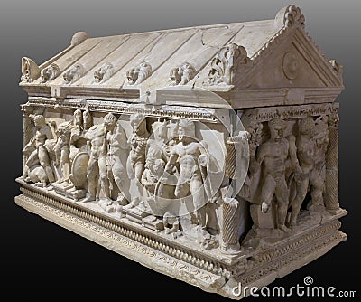 Ancient roman sarcophagus with reliefs of the twelve Labours of Heracles Editorial Stock Photo