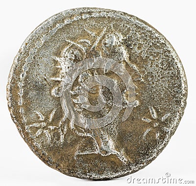 Ancient Roman silver denarius coin of Emperor Caligula with Augustus deified. Reverse. Stock Photo