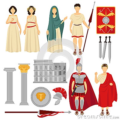 Ancient Rome male and female characters and old relics Vector Illustration