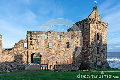 Ancient ruins of the castle of St. Andrews in Scotland on the North Sea Editorial Stock Photo