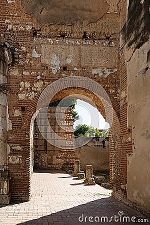 Ancient ruins of the first American hospital, San NicolÃ¡s de Bari in Santo Domingo,16th century. Arches, columns and walls Stock Photo